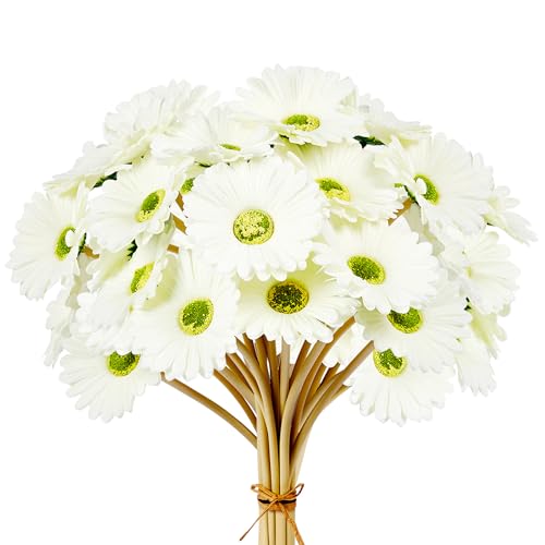 15 Pcs 15 Inch White Artificial Gerbera Daisy Flowers - Fake Mums Daisies Bouquet for Wedding Decor, Party Decorations, Home Kitchen Decorations - color: White - Gerbera
