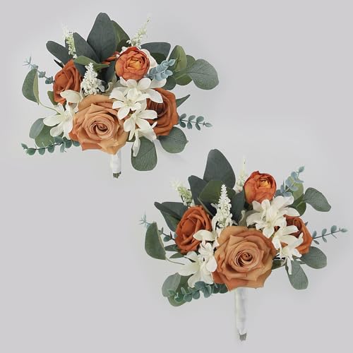 Rinlong Burnt Orange Bridesmaid Bouquet, Fall Wedding Bouquets, Terracotta | Silk Bridal Bouquet, Prom, Homecoming, Destination Friendly - color: 05-burnt Orange & Sage