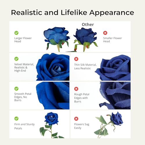 Auihiay 14PCS Blue Artificial Roses, Blue Artificial Flowers, Blue Roses Bouquet with Long Stems for Father's Day Decor, Wedding Centerpieces, Anniversary, Party & Home Decor, DIY Floral Arrangement - color: Dark Blue