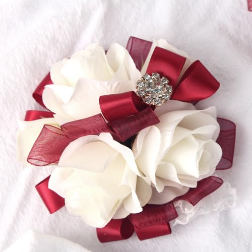 Wrist Corsage and Boutonniere Set Ivory Rose Corsage Wristlet for Homecoming Wedding Party Groom Bride Artificial Flower (Red and Ivory) - color: Red and Ivory