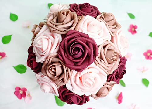 Artificial Flowers 50PCS Real Looking Blush & Dusty Rose & Burgundy Fake Roses with Stem for DIY Wedding Bouquets Centerpieces Baby Shower Party Home Decorations - color: Blush&dusty Rose&burgundy, size: 3"/50pcs