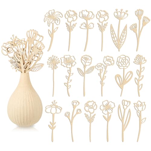 Ptwola 54PCS Wooden Wildflower Decor Set Wood Colorable Flowers Floral Cutouts Signs Laser Cut Stems Crafts Bouquet Boho Wall Decals for Home Birthday Holiday Art DIY Nursery Bedroom Decoration