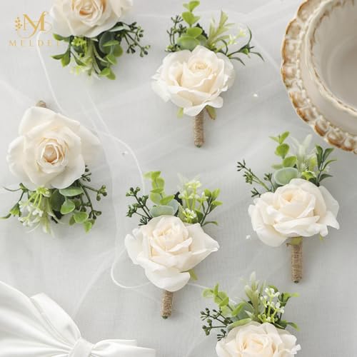 6Pcs Champagne Rose Boutonnieres for Men, Wedding, Dance Party | Groom and Best Man Boutonnieres for Ceremony Anniversary Formal Dinner Party, Fall Vintage Rustic Marriage Prom Decor - color: Champagne-c Bouotnniere 6pcs
