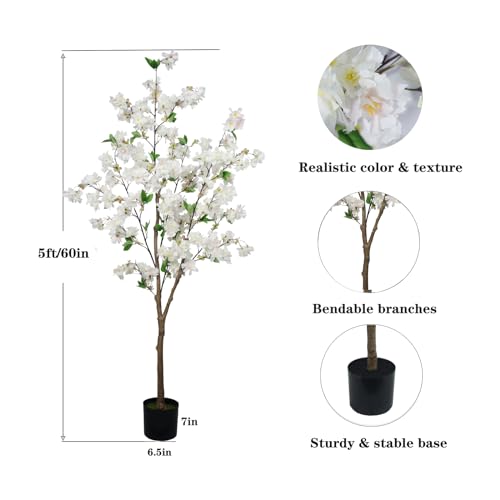 5FT Artificial Cherry Blossom Tree, Faux Sakura Tree in Nursery Pot, Realistic Fake Flower Tree for Indoor Home Decor, Artificial Floor Plant for Living Room, Entryway, Office, Wedding Decoration - color: White, size: 5ft