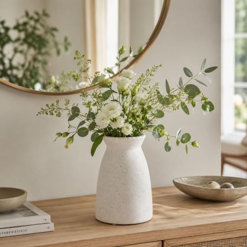 hjn Frosted White Ceramic Vase Modern Minimalist Table Centerpiece, Round Smooth Flower Holder for Living Room, Shelf, Mantel, Wedding & Home Decor -Cream-7" H - color: Frosted White-7inch