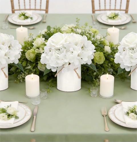 Flower Table Centerpieces - Set of 6 Floral Arrangement Artificial Wedding Hydrangeas Floral Arrangement with Rustic Metal Vase for Bridal Tea Party Event Decorations - White - color: White