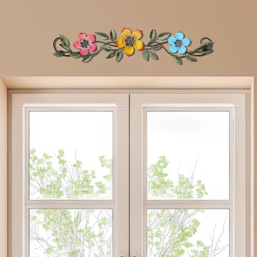 Wesiti Metal Flower Wall Decor Vintage Metal Flower Wrought Iron Scroll Sculpture 15.7''x3.7'' Not 3D, Flat Farmhouse Leaf Wall Decor with Nails for Summer Bedroom Kitchen Indoor Outdoor(Bright Color) - color: Bright Color