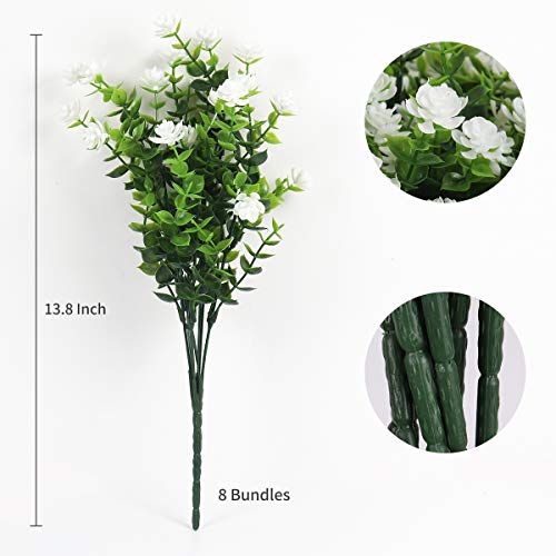 RECUTMS Artificial Flowers, Fake Boxwood Outdoor UV Resistant Plants Artificial Springs Flowers Eucalyptus Greenery Shrubs Bridal Wedding Bouquet for Home Garden Party Wedding Decoration,8Pcs(White) - color: White, size: 8 Pcs