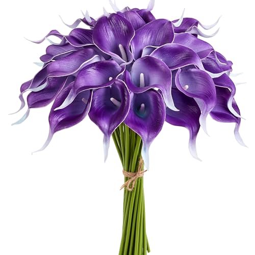 Artificial Calla Lily 12Pcs Purple Real Touch Faux Flowers for Wedding Bouquet, Bride Bridal Shower, Spring Home Kitchen Table Decor, Fake Lilies for Centerpieces, Party Decorations - color: Purple