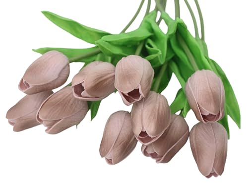 Artificial Flowers 10 Heads Mini Real Touch Artificial Tulip for Home Wedding Party Centerpiece Decoration (Coffe) - color: Coffe