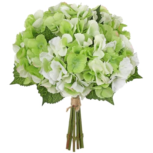 Hollyone Light Green Hydrangea Artificial Flowers 6pcs Large Real Touch Faux Hydrangeas Silk Flowers Bouquets Fake Flower with Stems for Home Decor Indoor Wedding Kitchen Centerpiece Table Decorations - color: Green
