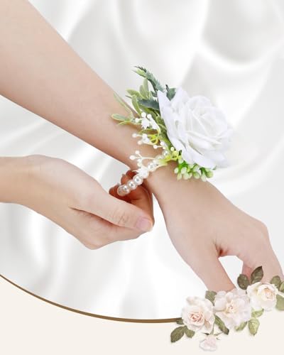 eZAKKA White Rose Corsage and Boutonniere Set for Men Wedding, Upgraded High-Fidelity Silk Flower Wristlet with Adjustable Pearl Bracelet for Prom Homecoming Party, Realistic & Non-Deforming (2Pcs) - color: White