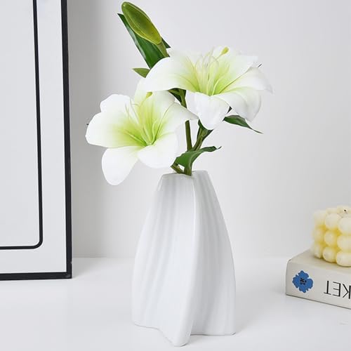 Twisted Dopamine Plastic Vase with Fake Artificial Lily Flowers，Modern Vibrant Decorative Vase for Home Living Room Coffee Dining Table Bookshelf Shelf Console Bedroom(White) - color: White