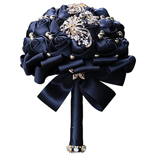 WIFELAI-A Gold Rhinestone Brooch Wedding Flowers Bridal Bouquets Crystal Bride Holding Bouquet White Ivory Satin Roses with Diamond - color: Black