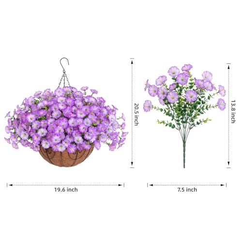 Artificial Fake Hanging Plants Flowers Basket for Outdoors Spring Summer Decoration, UV Resistant Realistic Outdoor Faux Silk Morning Glory in Planter for Outside Porch Patio Balcony Garden Yard Home - color: Purple 2