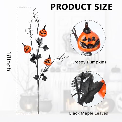 6 Pack Halloween Stems with Pumpkins & Black Maple Leaves – Faux Curly Willow Branches & Decorative Twigs for DIY Crafts, Home & Party Decoration