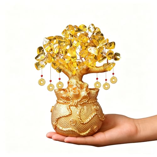 Artificial Citrine Money Tree Bonsai Feng Shui Crystal Tree for Home Office Decor, Lucky Indoor Ornament with Wealth Symbolism