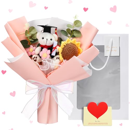 Graduation Crochet Flower Bouquet Set Includes Stuffed Bear Knitted Sunflower Daisy Eucalyptus Greeting Card Gift Bag 2026 Pink Flower Bouquet Graduation Gift - color: Pink, style: Stuffed Bear and Sunflowers