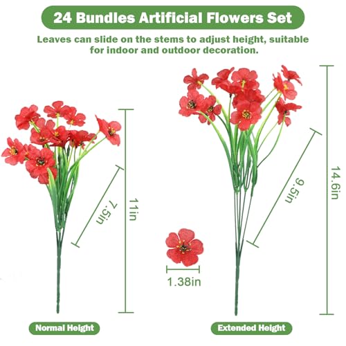 Nepfaivy Artificial Flowers for Outdoors Red - 24 Bundles UV-Resistant Fake Flowers No Fade for Outside, Realistic Plastic Plants and Faux Silk Flowers for Planters, Front Porch, Garden Decoration - color: Red