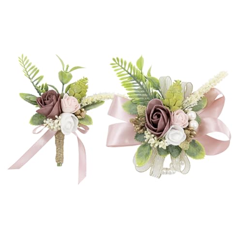 Dusty Rose Corsage and Boutonniere Set Wrist Corsage Wristlet for Prom Groom Flower Pink Boutonniere for Men Wedding Party Homecoming Accessories Suit - color: Dusty Rose