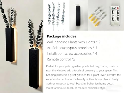 Artificial Eucalyptus with LED Lights Wall Planters Rustic Wall Decor with Lights Fake Vines for Home Decor Bedroom Living Room Bathroom Hanging Vase for Dried Flowers Faux Plants (Black)