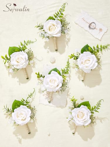 Serwalin 6 Pcs White Rose Boutonniere for Men, Groom Groomsmen Best Man Guest Boutonnieres，Artificial Flowers Silk Rose for Wedding Prom Ceremony Anniversary Party Homecoming - color: Ivory White, size: Boutonniere 6pcs