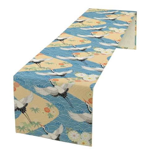 Japanese Crane Table Runner Flowers Art Printed Burlap Runner for Home Kitchen Dining Table Living Room Decor Fabric 1 Panel W13xL36in - color: Japanese Style-6, size: 13"W x 36"H