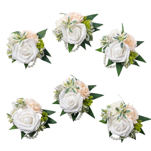 White Wrist Corsage, Set of 6, Homecoming Wrist Flower Girl/Mother Corsages Wristlet Décor Perfect for Bride Bridesmaids Wedding Guests Hand Flower, Proms, Party, Ceremony Anniversary - color: White & Champagne Wrist Corsage