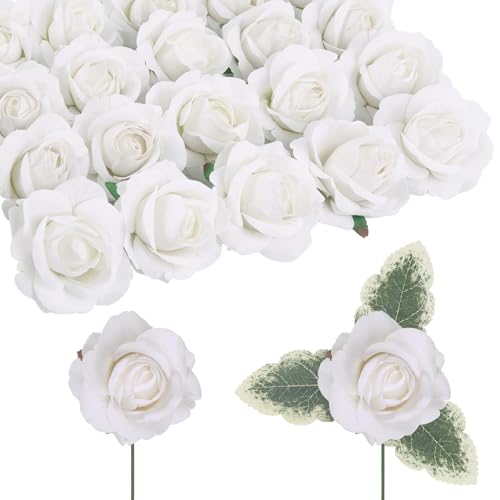 IPOPU Rose Artificial Flowers 20pcs Realistic Velvet Faux Rose with Stems White Fake Rose Flowers in Vase for DIY Wedding Bouquets Bridal Shower Party Centerpieces Table Home Decor (White - color: White