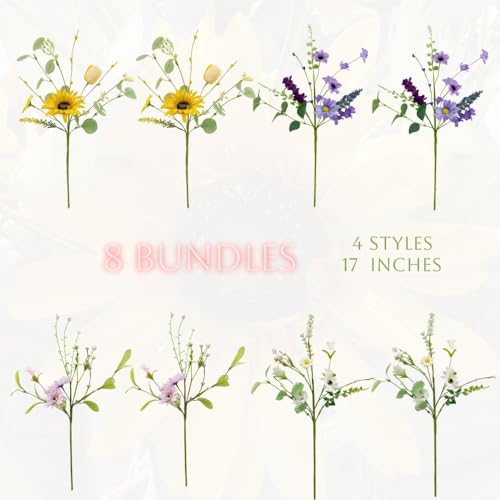 Artificial Wildflowers Bouquet, 8 Bundles Fake Silk Daisy Flowers Arragement,Sunflowers Colorful Summer Floral Stems for Vases Indoor Outdoor Decor Wedding Centerpieces - color: DASIY