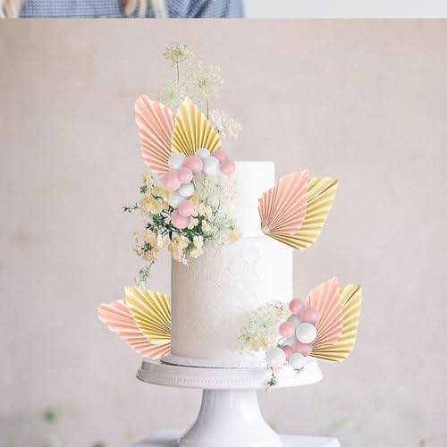 Rsstarxi 28 Pack Balls Cake Toppers Paper Palm Fan Cake Topper Pink Mini Balloon DIY Cake Insert Cake Decorations for Baby Shower Wedding Bridal Shower Birthday Party Cake Decorations - color: Pink White
