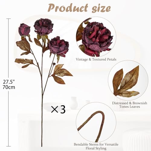 Briful Artificial Dried Look Fall Peony Flowers 3PCS 27.5in Tall Dark Purple Vintage Silk Peony Bouquet Realistic Fake Peonies Floral Stems for Autumn Home Wedding Vase Centerpieces Arrangements Decor - color: Dark Purple