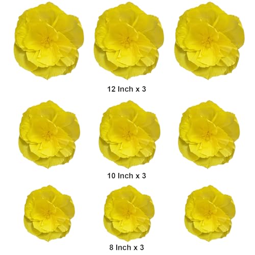 BRT Bearingshui Crepe Paper Flowers Decoration for Wall Total 9 Pcs, Artificial Flowers Backdrop for Wedding Decor Baby Bridal Shower Birthday Party, Yellow 3D Wall Flowers Decor - color: Yellow