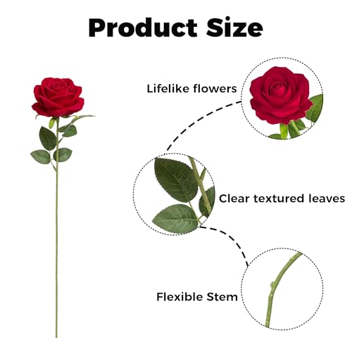 50 Pcs Red Artificial Roses, Real Touch Velvet Fake Flowers with Long Stems Bulk for DIY Bridal Bouquet, Wedding Centerpieces, Valentine's Day, Home Party Decor