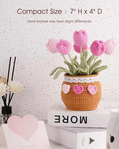 Thank You Gifts for Teachers Crochet Tulips Flower Pot - Handmade Large Crochet Flowers for Women, Graduation End of Year Appreciation Gifts, Positive Tulip Flower Gift for Boss Manager, Pink - color: Pink
