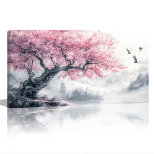 QIXIANG Cherry Blossom Mountain Canvas Wall Art Pink Floral Trees Pictures Large Landscape Painting Japanese Decor for Living Room Bedroom Framed (white,10" W x 20" L) - color: white, size: 10"W x 20"L