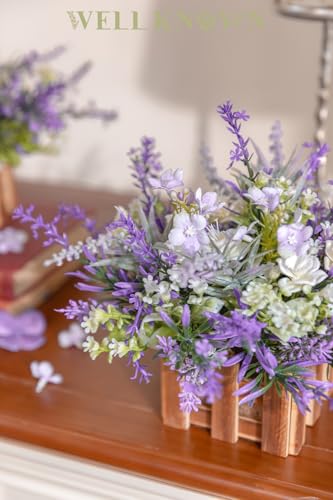 WELL KNOWN Artificial Lavender Plants in Wooden Baskets, Artificial Mini White Flower Arrangement in Planter for Home Hotel Office Table Wedding Centerpieces & Gift(Set of 2) - color: Lavender