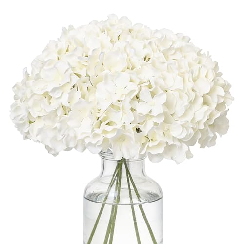 Fake White Hydrangea Artificial Flowers - Faux Silk Hydrangeas Flowers Heads with Stems Real Touch for Home Wedding Party Table Decor (White,Pack of 10) - color: White