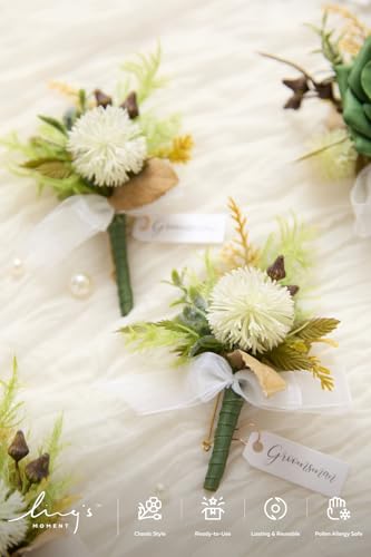 Ling's moment Boutonniere for Men, 6pcs Groom Groomsmen Boutonniere, Artificial Flowers for Wedding Decor/Prom/Homecoming, etc.Emerald Green Beige - color: Grn-emerald Green & Beige