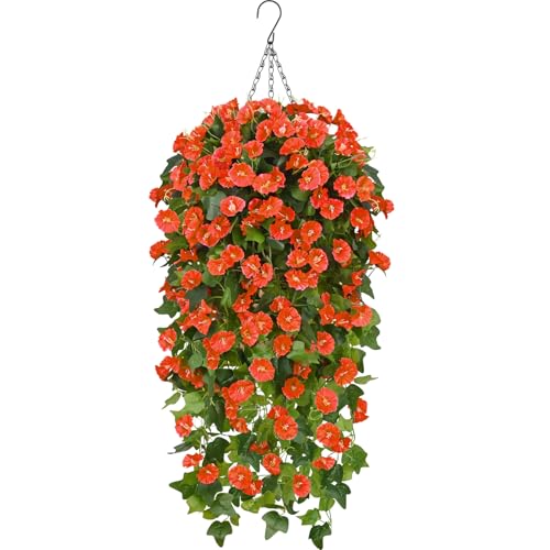 Waipfaru Artificial Fall Hanging Flowers Plants Baskets for Outdoors, Fake Mums, Fall Porch Outdoor Decor, Faux Mums Artificial Flowers with Hanging Baskets for Urn Fillers