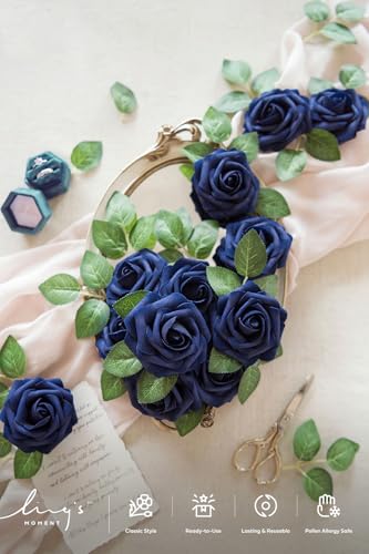 Ling's moment Artificial Flowers 50Pcs Navy Blue Roses Decor w/Stems,3" DIY Foam Floral for Wedding Bouquet/Centerpieces, Outdoors Party Backdrop, Room/Table, and Garden/Pot Decorations - color: Blu- Navy Blue, size: 50Pcs
