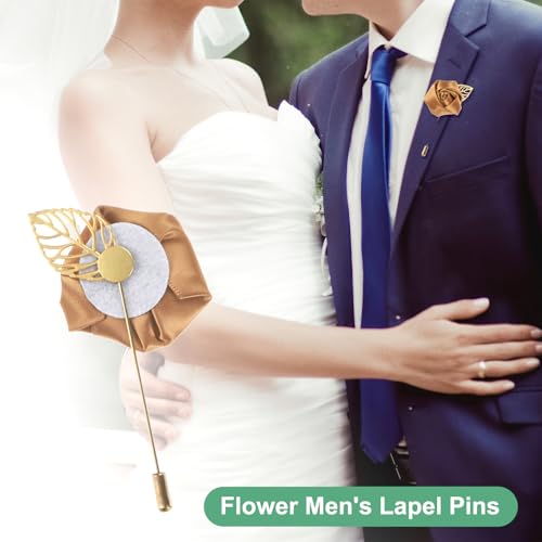 M METERXITY 1-Pack Flower Lapel Pins for Men, Golden Leaf Rose Boutonnieres Pin Groom Boutonnieres for Wedding/Dance/Party, Men Lapel Pins for Suits Satin Flower Corsage [Champagne] - color: Champagne