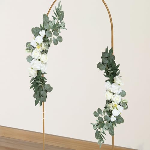 Efavormart Set of 2 White Silk Rose Floral Swags with Eucalyptus Greenery, Pre-Arranged Artificial Flower Arrangements for Wedding Arch Decor, Signs and Table Centerpieces - color: Type19