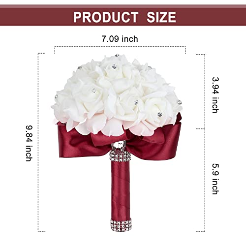 Burgundy Wedding Bouquet for Bride Bridesmaid Toss Bouquet Crystals Silk Rose Bridal Bouquet for Wedding Party (Burgundy White) - color: Burgundy +White