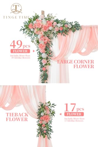 TINGE TIME Wedding Arch Flowers Kit - Deluxe 5pcs Artificial Floral Swag with 3 Sheer Drapes, Realistic Silk Flower Arrangements for Wedding Ceremony Arbor Backdrop Reception Party Home Decor - color: Peach Pink & White
