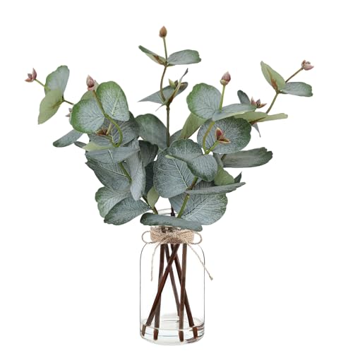Artificial Eucalyptus Stems in Glass Vase with Faux Water,Artificial Plants Eucalyptus Leaves for Shelf Desk Bathroom Farmhouse Room Coffee Table Home Decor, Central Decoration. - color: Eucalyptus Leaves 6