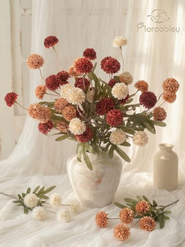 9pcs Fake Flowers Silk Mini Mums with Stems, Burnt Orange Faux Chrysanthemum Pompon Balls Artificial Flower Bulk for DIY Wedding Centerpieces, Vase Fillers, Floral Arrangements & Home Decor - color: Mixed Orange