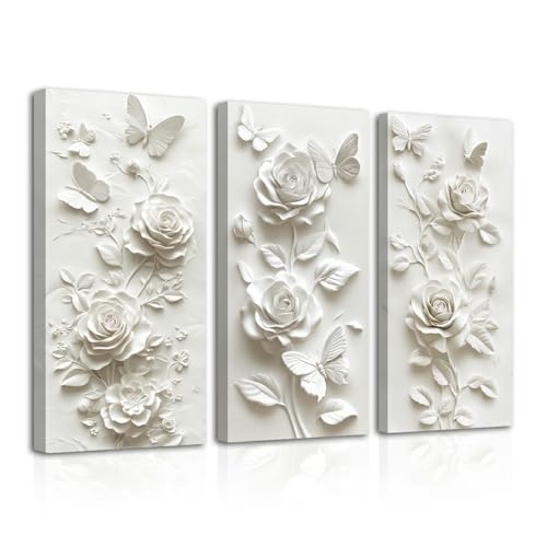 SWQYLB 3 Panel Flower Wall Art 3D Relief Floral Canvas Painting Abstract Butterfly & Rose Pictures Prints White Textured Wall Decor for Home Framed (White, 40x20inchx3 Pieces) - color: White, size: 40x20inchx3 Pieces