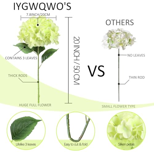 6PCS Large Silk Green Hydrangea Flowers, 20 in Full Faux Hydrangea Artificial Flowers with Stems Leaves for Fake Huge Bouquets Spring Valentine's Day Patrick's Day Bridal Shower (Green) - color: Green
