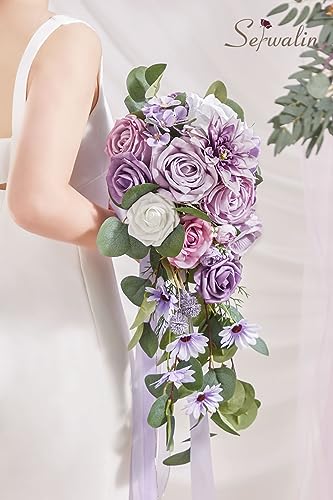 Serwalin 9.8 Inch Wedding Bouquets for Bride Bridesmaid, Purple Dahlia Bridal Bouquets for Bride, Wedding Flowers Bouquet Tossing Bouquet, Wedding Ceremony and Anniversary Decoration - color: Purple